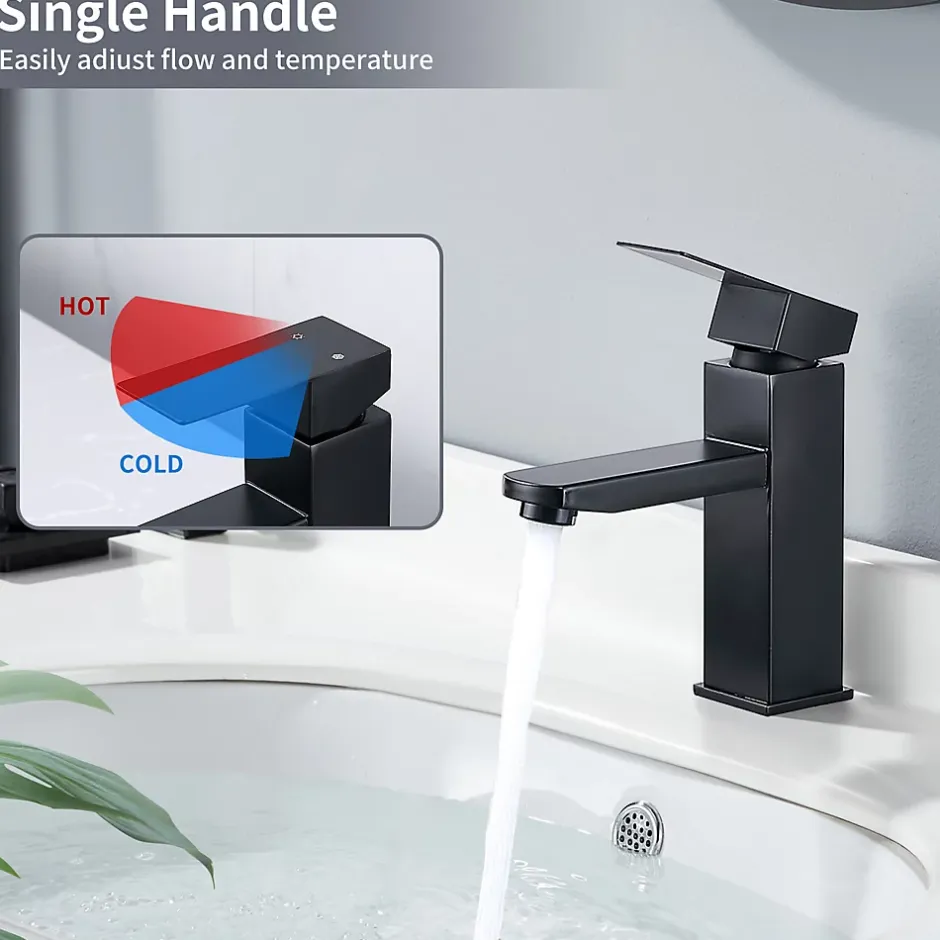 Homelody Set Mitigeur Lavabo Noir Mat + Bonde Pop-Up Universelle avec Trop-Plein