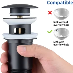 Homelody Set Mitigeur Lavabo Noir Mat + Bonde Pop-Up Universelle avec Trop-Plein
