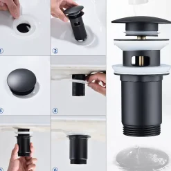 Homelody Set Mitigeur Lavabo Noir Mat + Bonde Pop-Up Universelle avec Trop-Plein