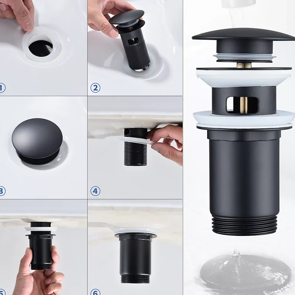 Homelody Set Mitigeur Lavabo Noir Mat + Bonde Pop-Up Universelle avec Trop-Plein