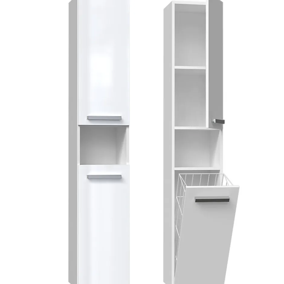 Topeshop HORTI - Meuble salle de bain avec panier à linge - 31x30x174cm - Colonne rangement SDB* Colonne De Salle De Bains|Meuble De Salle De Bains Faible Profondeur