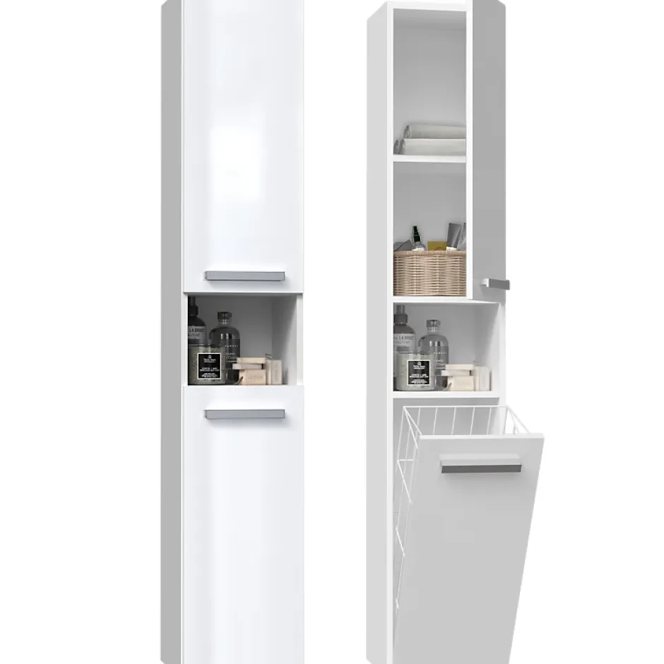 Topeshop HORTI - Meuble salle de bain avec panier à linge - 31x30x174cm - Colonne rangement SDB* Colonne De Salle De Bains|Meuble De Salle De Bains Faible Profondeur