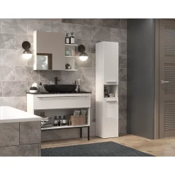 Topeshop HORTI - Meuble salle de bain avec panier à linge - 31x30x174cm - Colonne rangement SDB* Colonne De Salle De Bains|Meuble De Salle De Bains Faible Profondeur