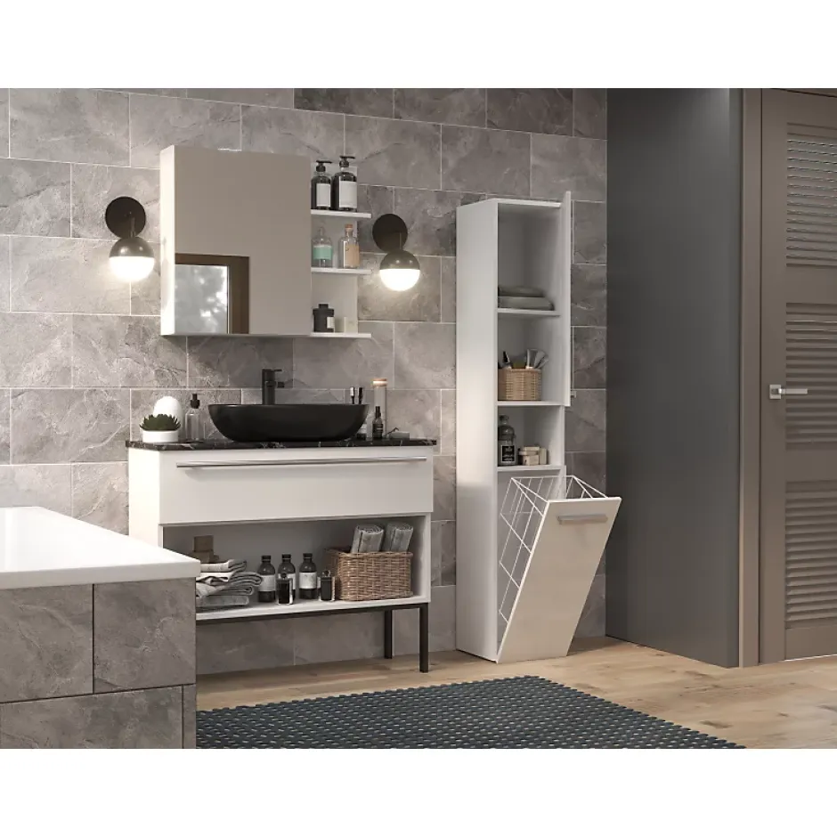 Topeshop HORTI - Meuble salle de bain avec panier à linge - 31x30x174cm - Colonne rangement SDB* Colonne De Salle De Bains|Meuble De Salle De Bains Faible Profondeur