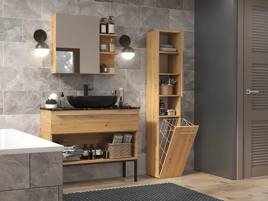 Topeshop HORTI - Meuble salle de bain avec panier à linge - 31x30x174cm - Colonne rangement SDB