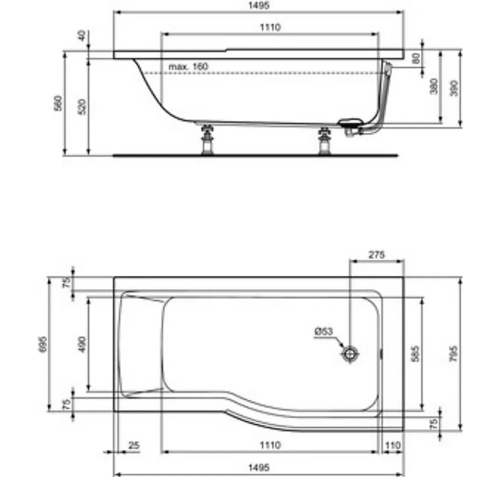 Ideal Standard baignoire pour bain douche 150x80 asymétrique Connect Air droite blanc* Baignoire Droite