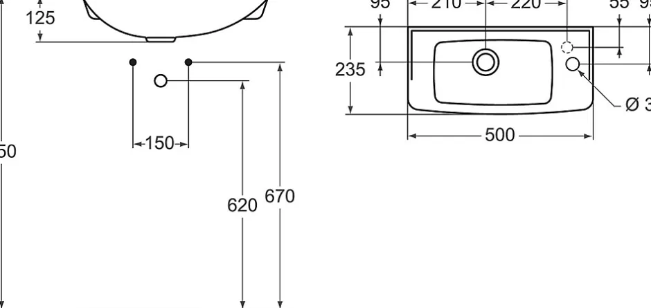 Ideal Standard Ensemble EUROVIT Lave-mains 125 x 500 x 235 mm, blanc + Siphon Alca en Métal Chromé (R421901-SET)