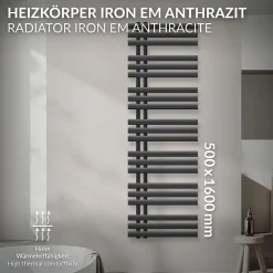 Luxebath Iron EM Design Radiateur Sèche-Serviettes - 500 x 1600 mm - Anthracite - Chauffage Moderne -Radiateur* Sèche-Serviettes Mixte