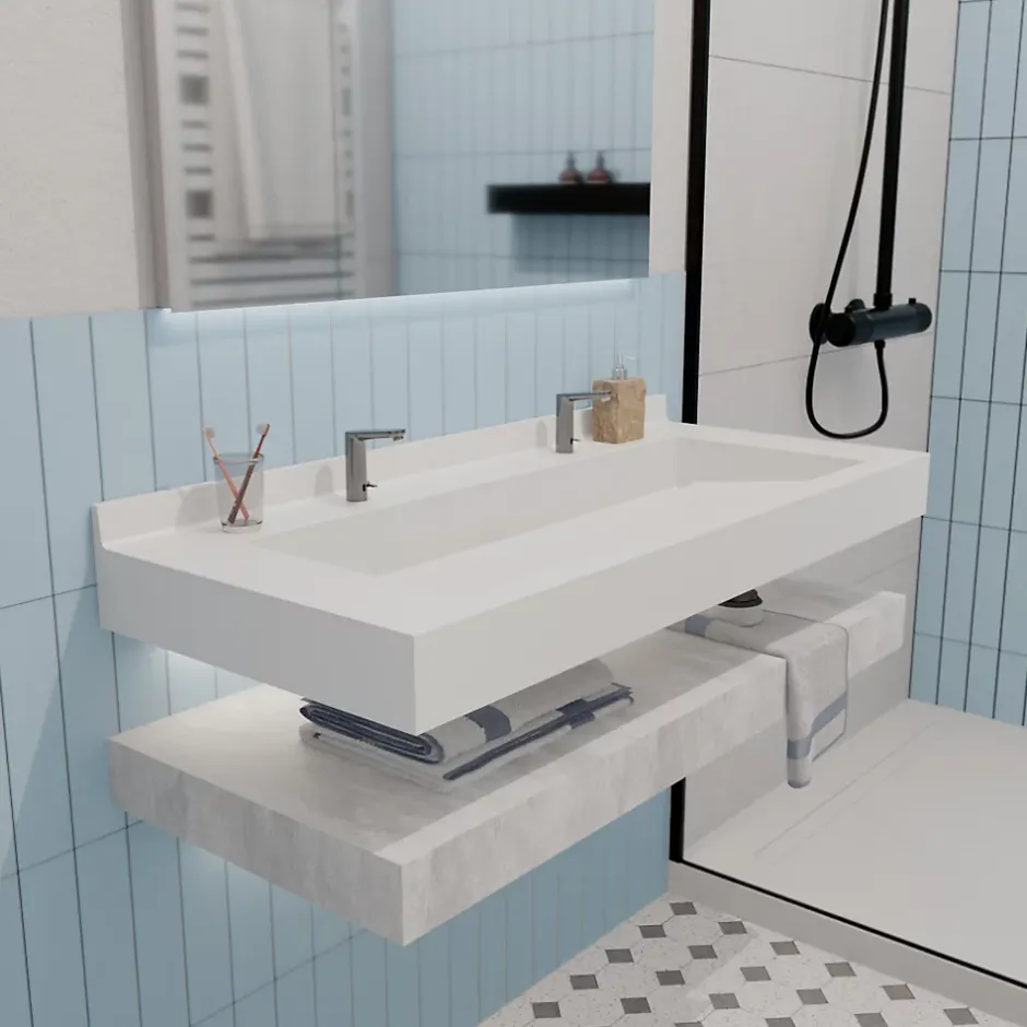 Livea iStone Plan vasque autoportant fabriqué en France, 1200x520x100mm, en Solid Surface, blanc mat