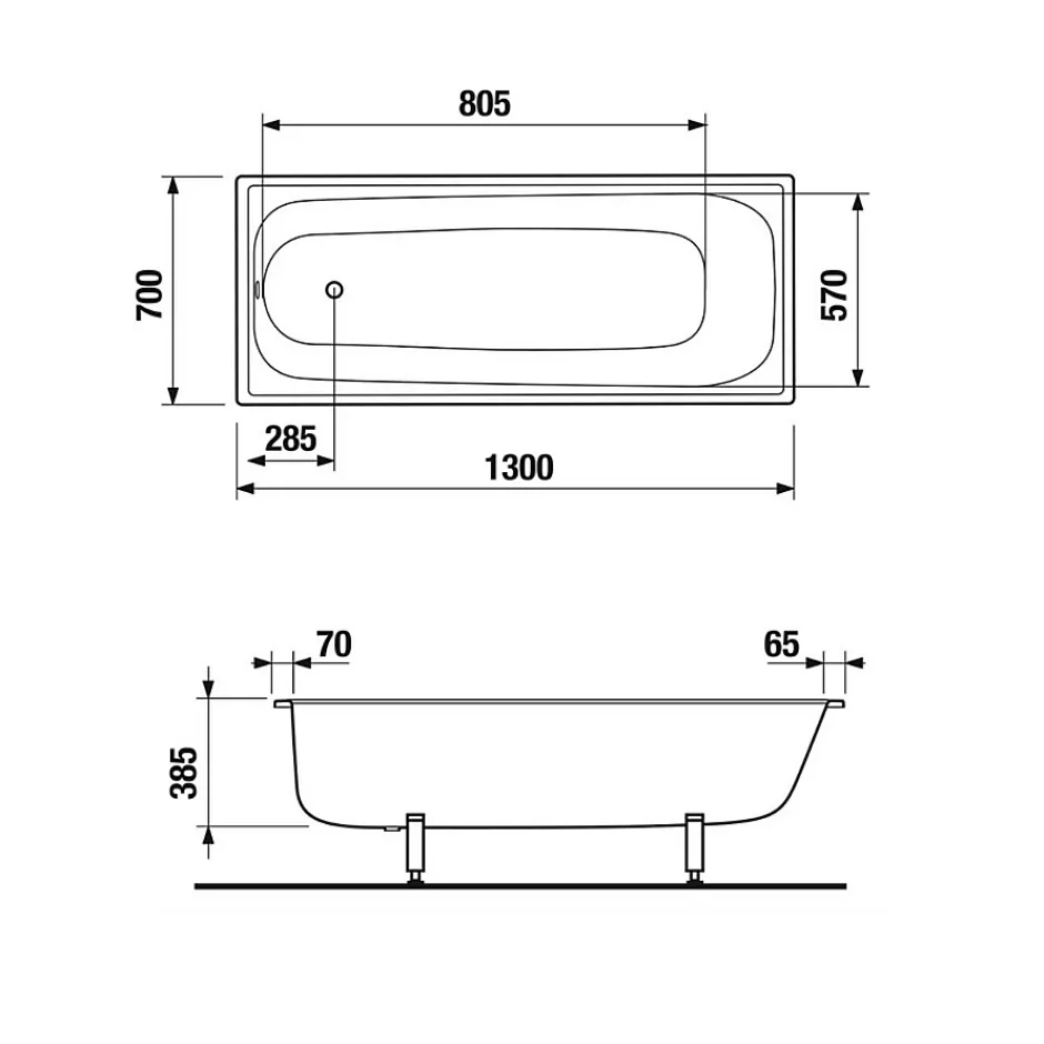 Jika (Groupe Roca) Riga 130 x 70 cm Baignoire gain de place 150 L en acier émaillé, sans pieds, blanc (H2340300000001)