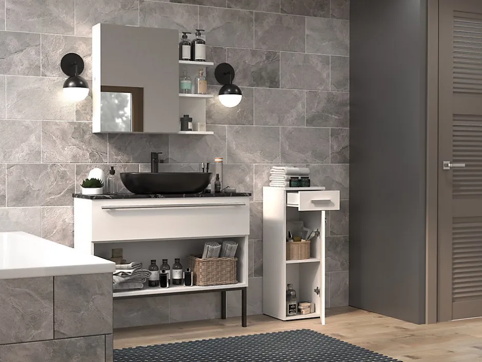 Autres JOKKE - Meuble salle de bain 1 porte + 1 tiroir - 30x30x85cm - Colonne basse rangement SDB