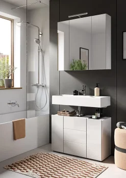 Chb Collection Kai - Armoire sous lavabo (L/H/P : 82x56x34 cm) en mélaminé blanc et blanc brillant profond* Meuble Sous Lavabo