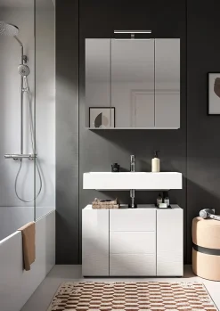 Chb Collection Kai - Armoire sous lavabo (L/H/P : 82x56x34 cm) en mélaminé blanc et blanc brillant profond* Meuble Sous Lavabo