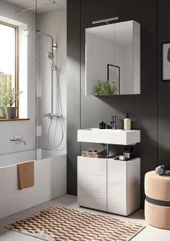 Chb Collection Kai - Meuble sous-lavabo (L/H/P : 60x56x34 cm) en mélamine blanche et blanc brillant profond