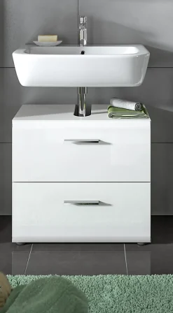 Chb Collection Kai - Meuble sous-lavabo (L/H/P : 60x54x32 cm) en imitation blanc et blanc brillant embouti