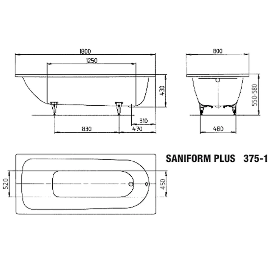 Kaldewei Saniform Plus 180x80 cm Baignoire rectangulaire en acier émaillé, sans pieds, blanc alpin (112800010001)