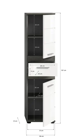 Chb Collection Kaleb - Colonne basse en mélaminé blanc et argenté (L/H/P : 35x137x31 cm)