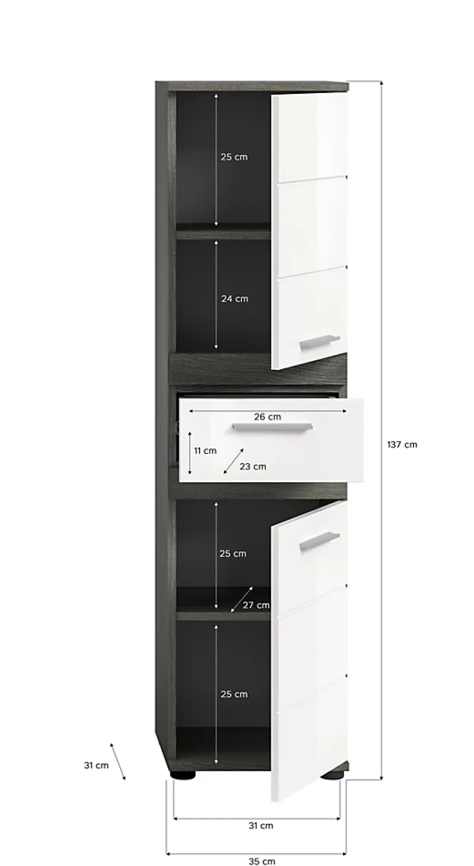 Chb Collection Kaleb - Colonne basse en mélaminé blanc et argenté (L/H/P : 35x137x31 cm)