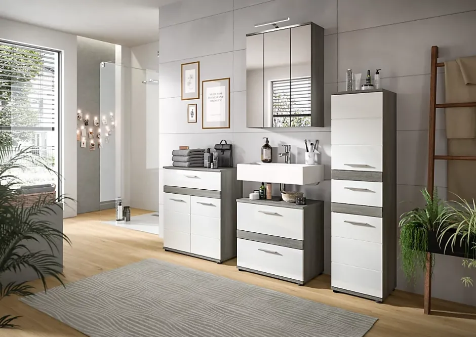 Chb Collection Kaleb - Colonne basse en mélaminé blanc et argenté (L/H/P : 35x137x31 cm)