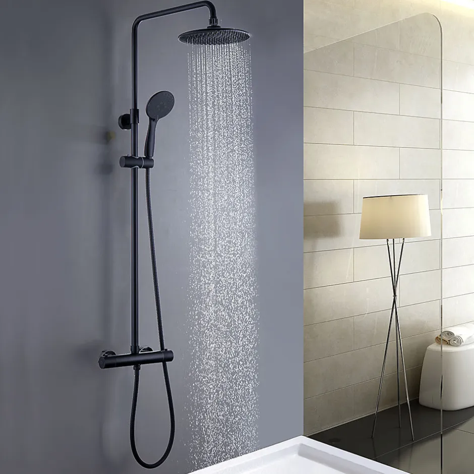 Kibath Colonne de douche thermostatique ronde 83-120 cm finition NOIR mat en laiton
