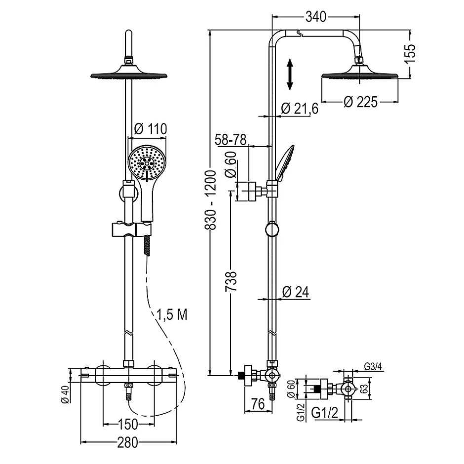 Kibath Colonne de douche thermostatique ronde 83-120 cm finition NOIR mat en laiton