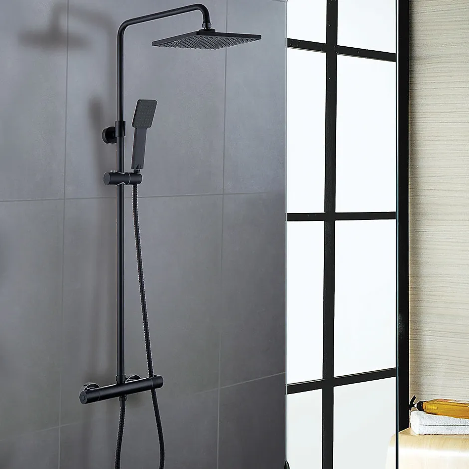 Kibath Colonne de douche thermostatique carrée 83-120 cm finition NOIR mat en laiton* Colonne De Douche Mécanique