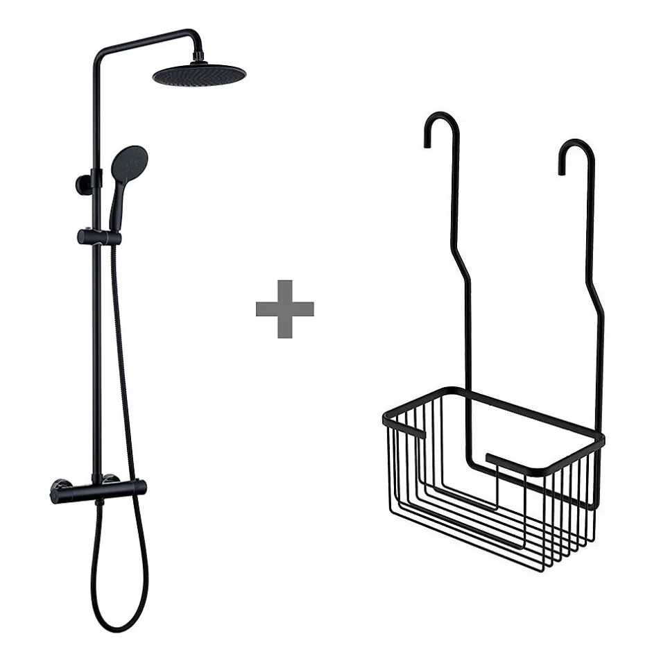 Kibath Pack colonne et porte-gel thermostatique rond, finition noir mat, en laiton* Colonne De Douche Thermostatique