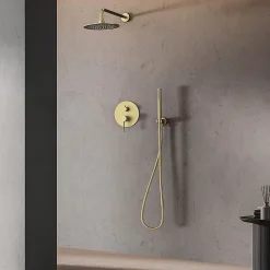 Kibath Robinet de douche encastré, équipement de douche mural monocommande rond, finition or mat brossé, en laiton