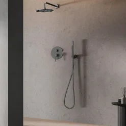 Kibath Robinet de douche encastré, douchette murale ronde monocommande, finition GUN METAL mat, en laiton