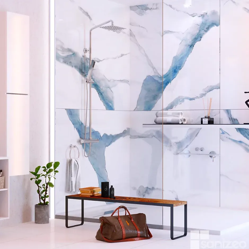 Kobert-in Kit de 2 Panneaux d'Habillage Décoratif Mural Douche, L120xl120x0.4 cm, finition bleu, Calacatta BLUE KOBERTIN