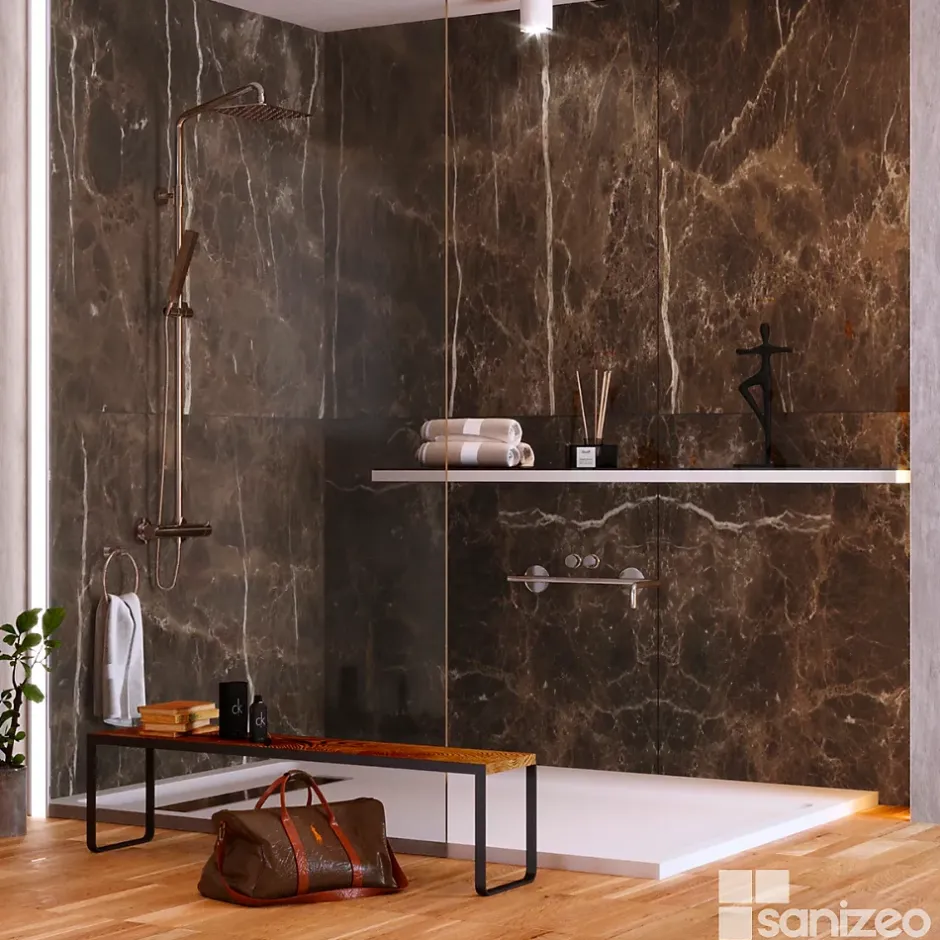 Kobert-in Kit de 2 Panneaux d'Habillage Décoratif Mural Douche, L120xl120x0.4 cm, finition marbre marron, Emperador KOBERTIN* Panneau Mural De Salle De Bains