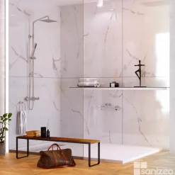 Kobert-in Kit de 2 Panneaux d'Habillage Décoratif Mural Douche, L120xl120x0.4 cm, finition marbre blanc, Mud White KOBERTIN