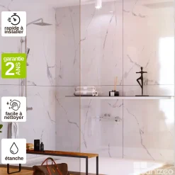 Kobert-in Kit de 2 Panneaux d'Habillage Décoratif Mural Douche, L120xl120x0.4 cm, finition marbre blanc, Mud White KOBERTIN