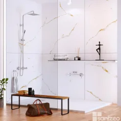 Kobert-in Kit de 2 Panneaux d'Habillage Décoratif Mural Douche, L120xl120x0.4 cm, finition doré, Calacatta GOLD KOBERTIN