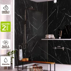 Kobert-in Kit de 2 Panneaux d'Habillage Décoratif Mural Douche, L120xl120x0.4 cm, finition marbre noir, Infinite Black KOBERTIN* Panneau Mural De Salle De Bains