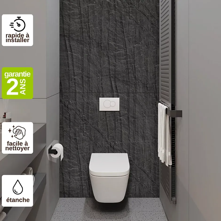 Kobert-in Kit de 2 Panneaux Habillage WC suspendu , L120xl120x0.4 cm, finition pierre noire, Manson KOBERTIN* Wc Suspendu