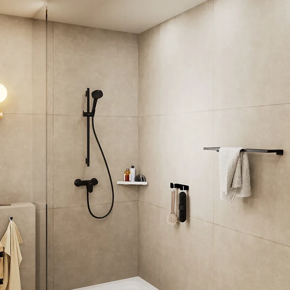Hansgrohe Kit de douche sans robinetterie avec douchette 2 jets + flexible + barre réglable, noir mat, EcoSmart Vernis Blend* Colonne De Douche Sans Robinetterie