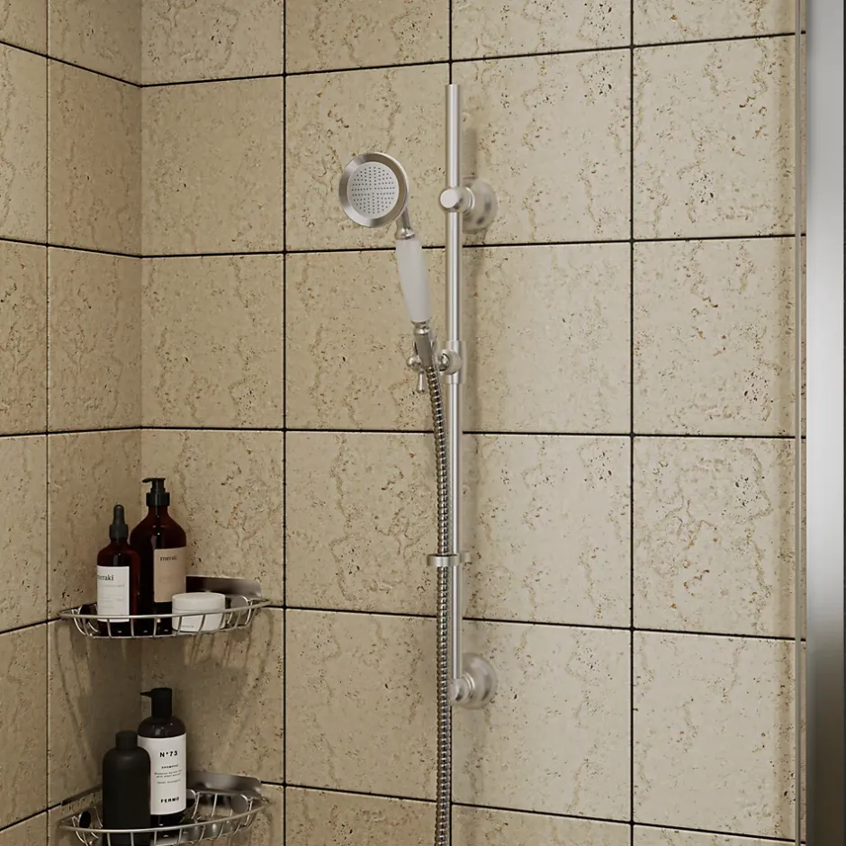 GoodHome Kit de douche sans robinetterie avec douchette 1 jet + flexible + barre réglable Etel argent* Colonne De Douche Sans Robinetterie