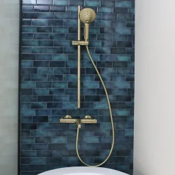 Essebagno Kit de douche sans robinetterie avec douchette 3 jets + flexible + barre réglable, doré, Luisa* Colonne De Douche Sans Robinetterie