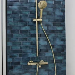 Essebagno Kit de douche sans robinetterie avec douchette 3 jets + flexible + barre réglable, doré, Luisa* Colonne De Douche Sans Robinetterie