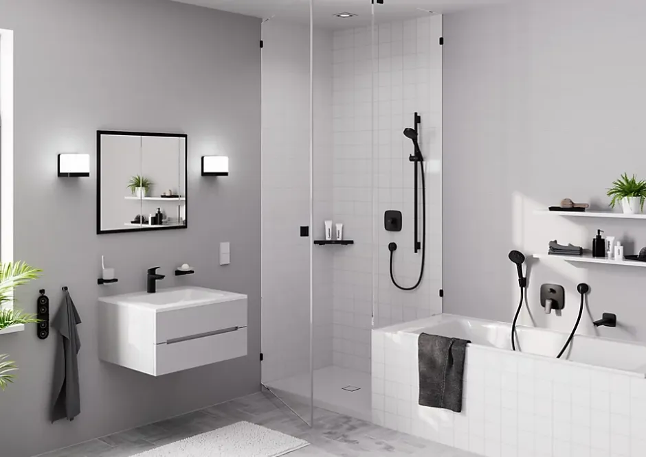 Hansgrohe Kit de douche sans robinetterie avec pommeau + douchette 2 jets + barre réglable, noir, Vernis Blend