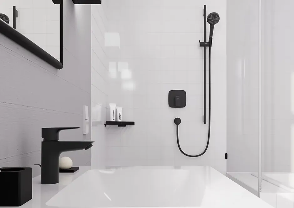 Hansgrohe Kit de douche sans robinetterie avec pommeau + douchette 2 jets + barre réglable, noir, Vernis Blend