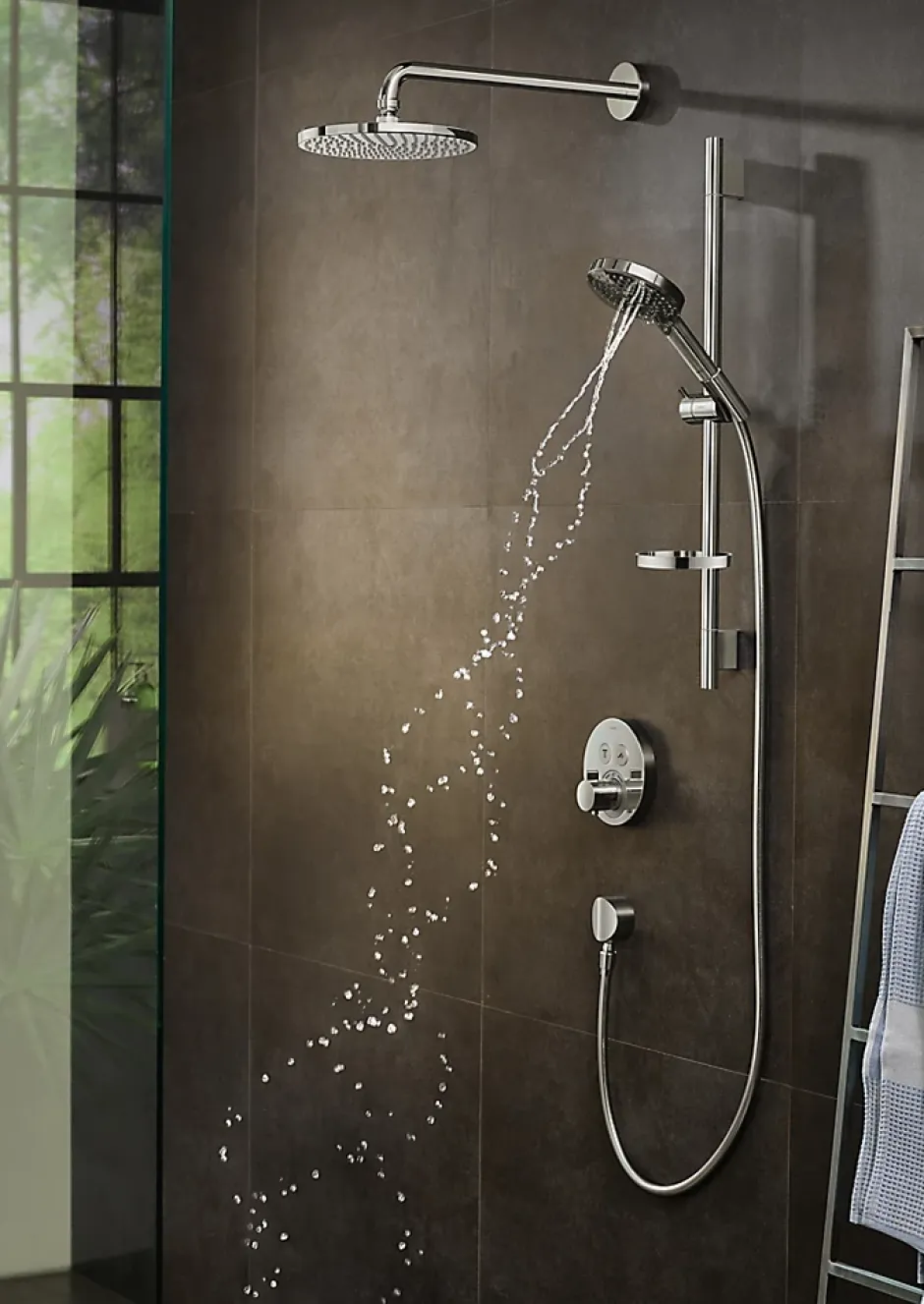 Hansgrohe Kit de douche sans robinetterie avec douchette 3 jets + flexible + barre réglable, chrome, Raindance Select