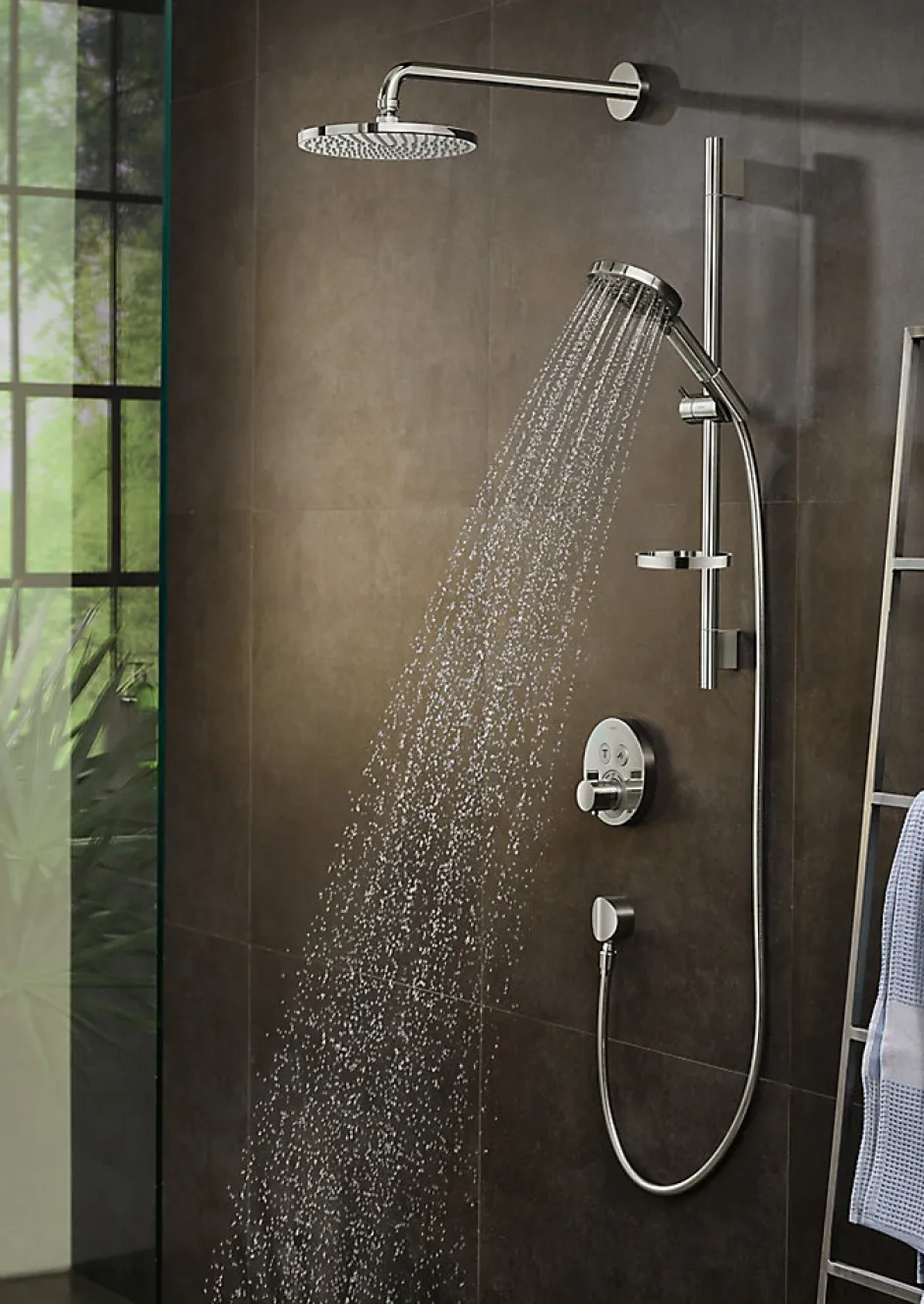 Hansgrohe Kit de douche sans robinetterie avec douchette 3 jets + flexible + barre réglable, chrome, Raindance Select