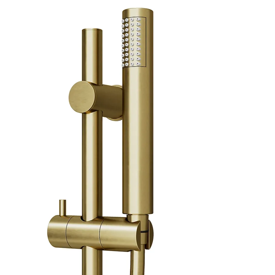 GoodHome Kit de douche sans robinetterie avec barre réglable + douchette + flexible, doré brossé, Owens* Colonne De Douche Sans Robinetterie