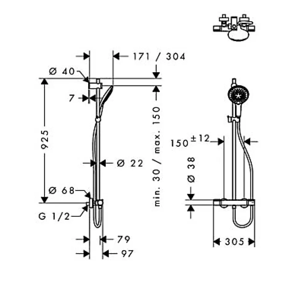 Hansgrohe Kit de douche thermostatique avec douchette 3 jets + flexible + barre réglable, chrome, My Select S 150* Colonne De Douche Thermostatique