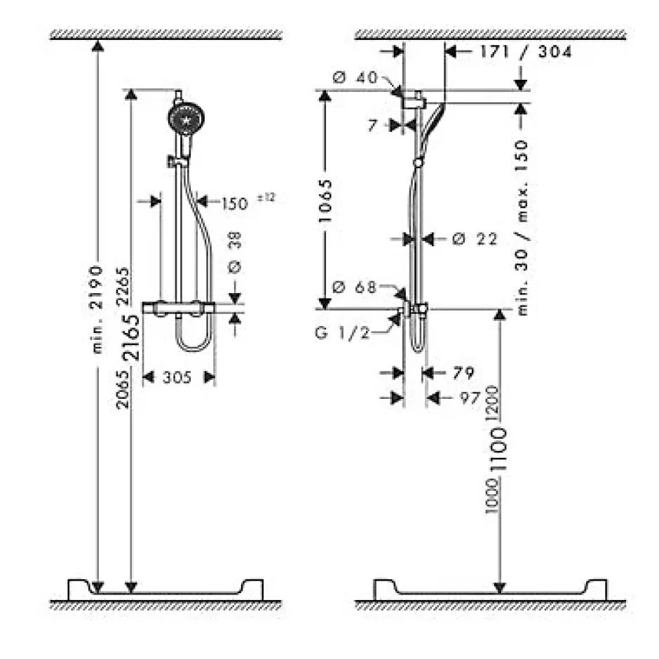 Hansgrohe Kit de douche thermostatique avec douchette 3 jets + flexible + barre réglable, chrome, My Select S 150* Colonne De Douche Thermostatique