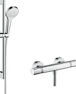 Hansgrohe Kit de douche thermostatique avec douchette 3 jets + flexible + barre réglable, chrome, Combi Croma S 150