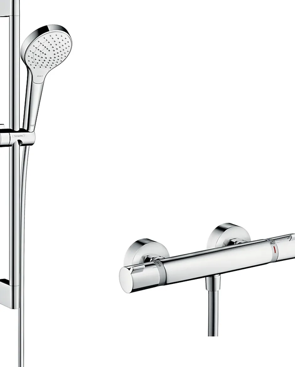 Hansgrohe Kit de douche thermostatique avec douchette 3 jets + flexible + barre réglable, chrome, Combi Croma S 150