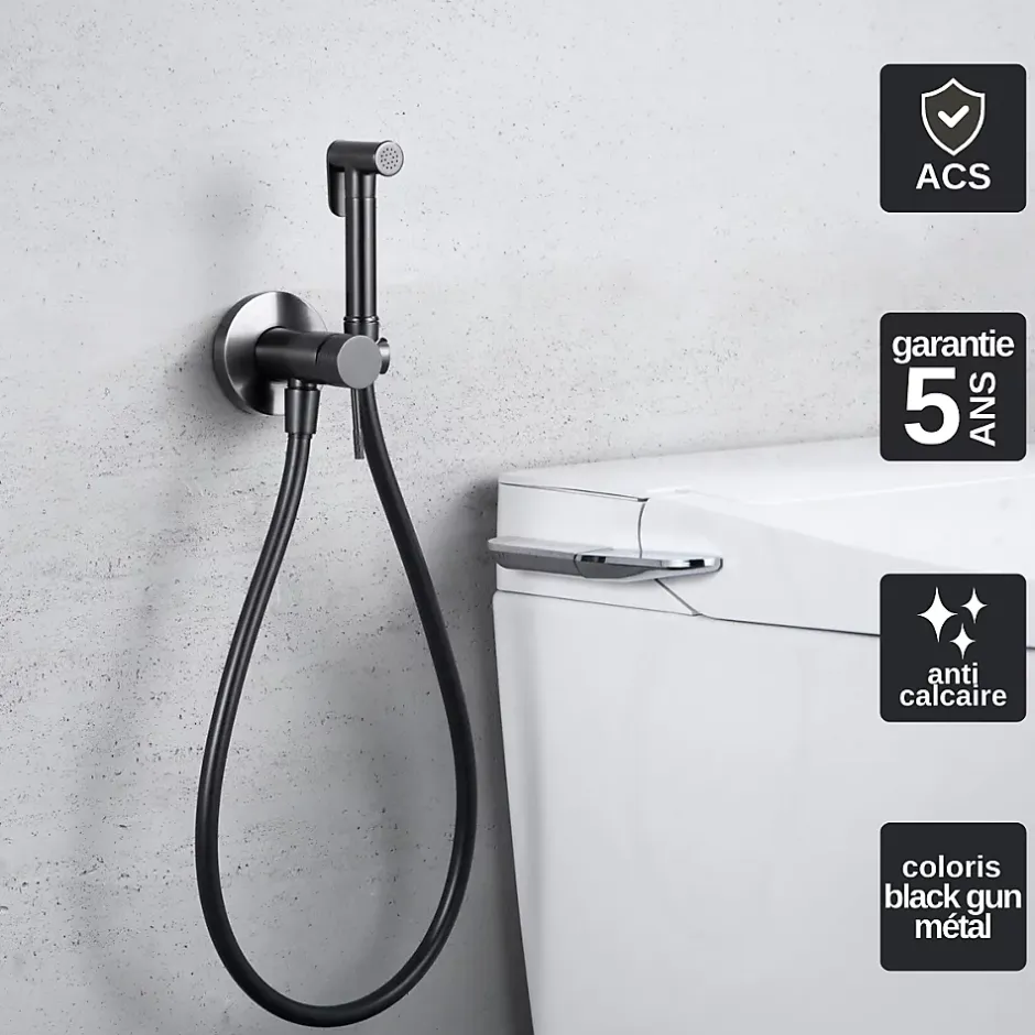 Imex Kit Douchette anti-calcaire hygiénique encastrée WC ou Bidet Salle de Bain Black Gun Métal LINE RDD038/BGM* Robinet De Bidet